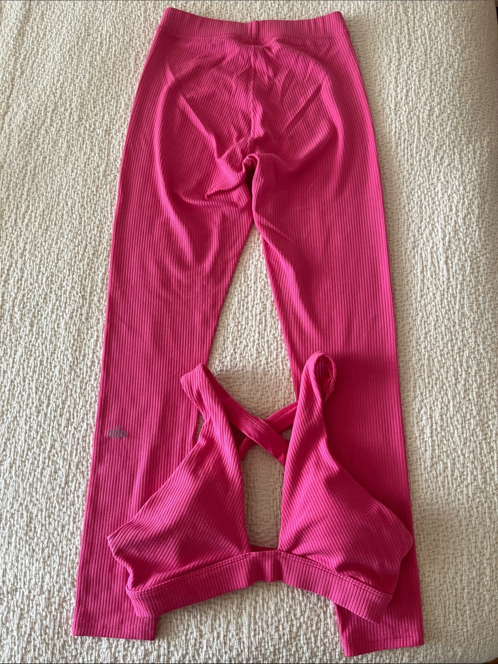 Alo Womens Ribbed Pink Leggings with Matching Crop Top Set